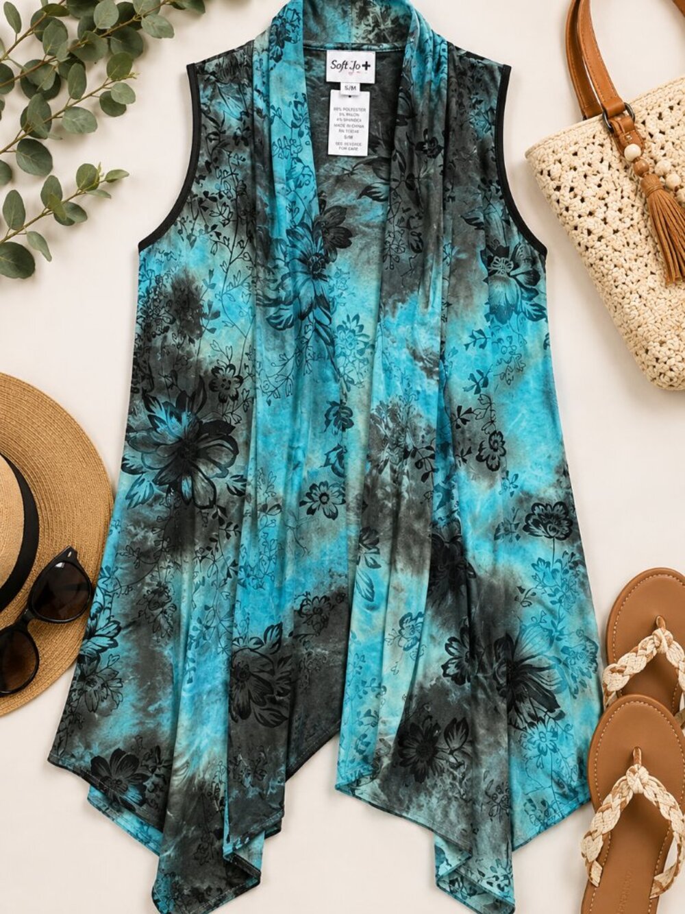 Soft Jo S/M Blue Gray Floral Sleeveless Open Front Drape Cardigan Vest Stretch